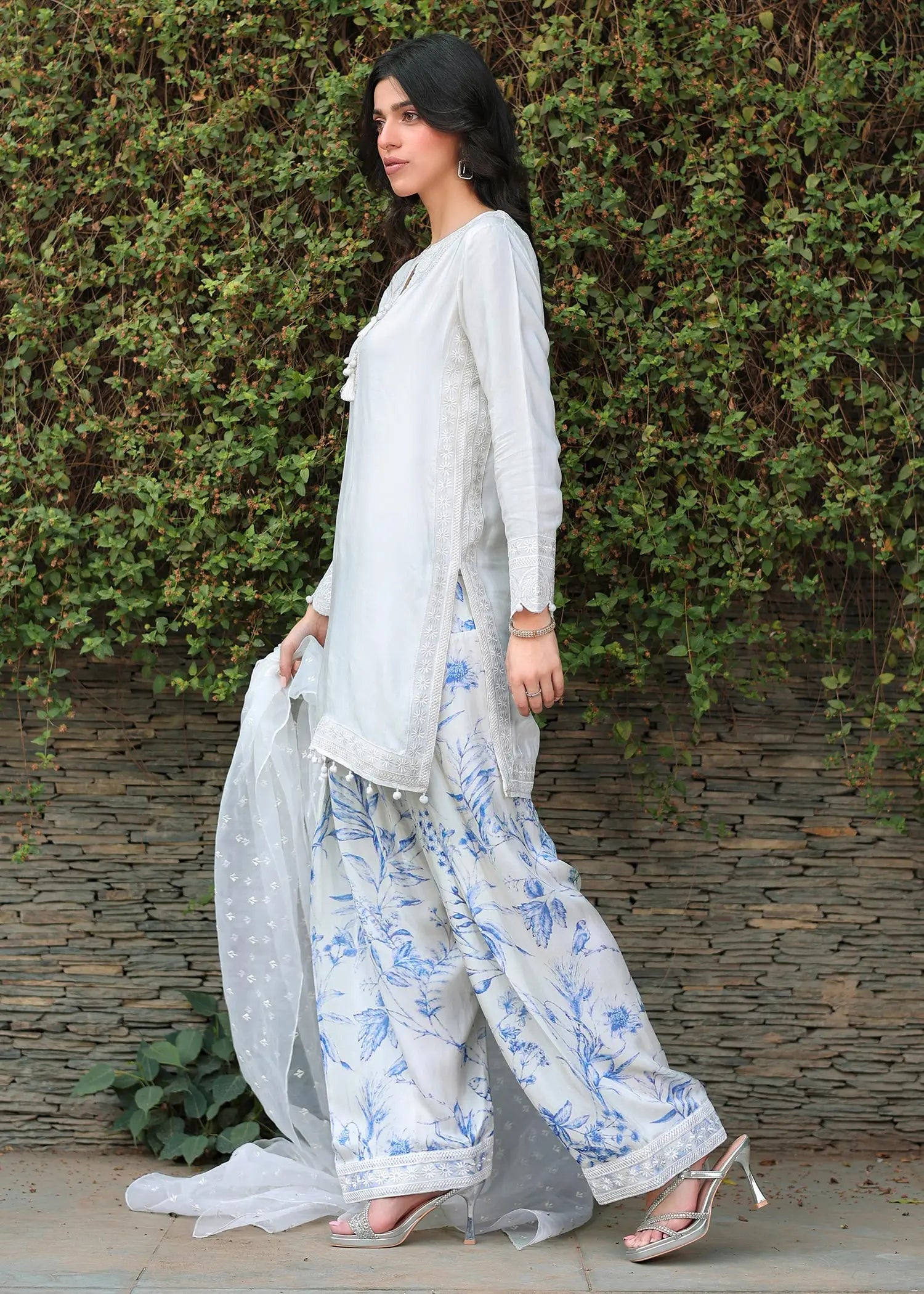 White Embroidered Viscose Salwar Kameez (3-Piece) - Image 8