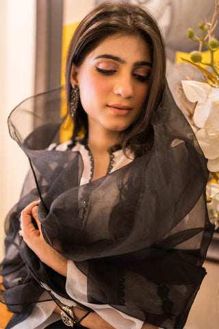 White & Black Embroidered Woven Kurta Set (3-Piece) - Image 4