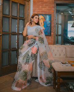 Pakistani White Printed Organza Silk Saree (3-Piece) - Image 1