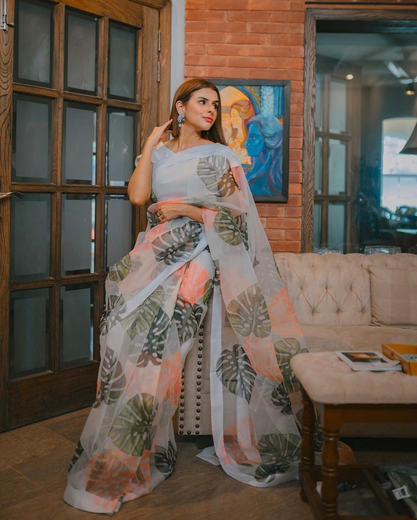 Pakistani White Printed Organza Silk Saree (3-Piece) - Image 2