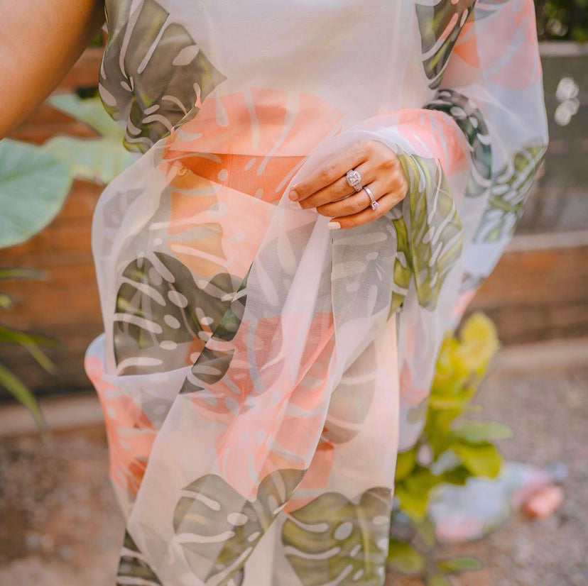 Pakistani White Printed Organza Silk Saree (3-Piece) - Image 3