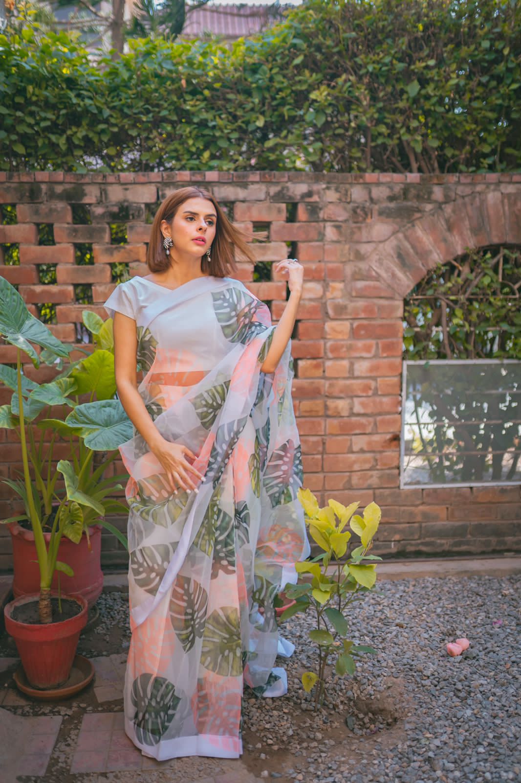 Pakistani White Printed Organza Silk Saree (3-Piece) - Image 4