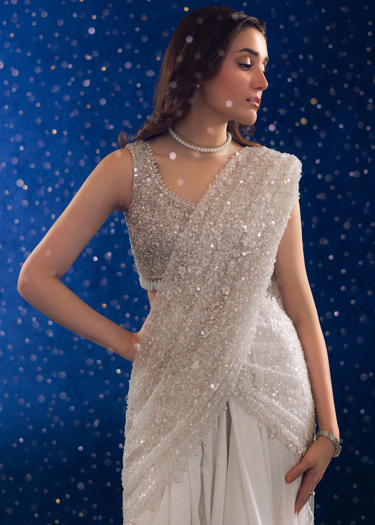 Frosted White Embellished Shamoz & Net Saree (2-Piece) - Image 2