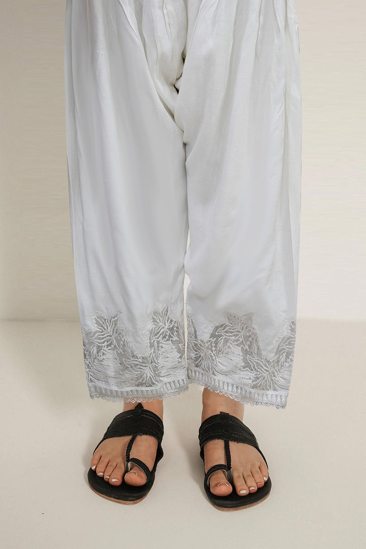 White Embroidered Silk Trouser (1-Pc) - Image 1