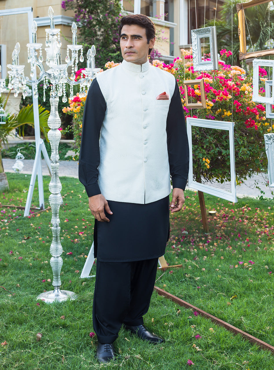 Black Jacquard Waistcoat Kurta Set (3-Piece) - Image 1