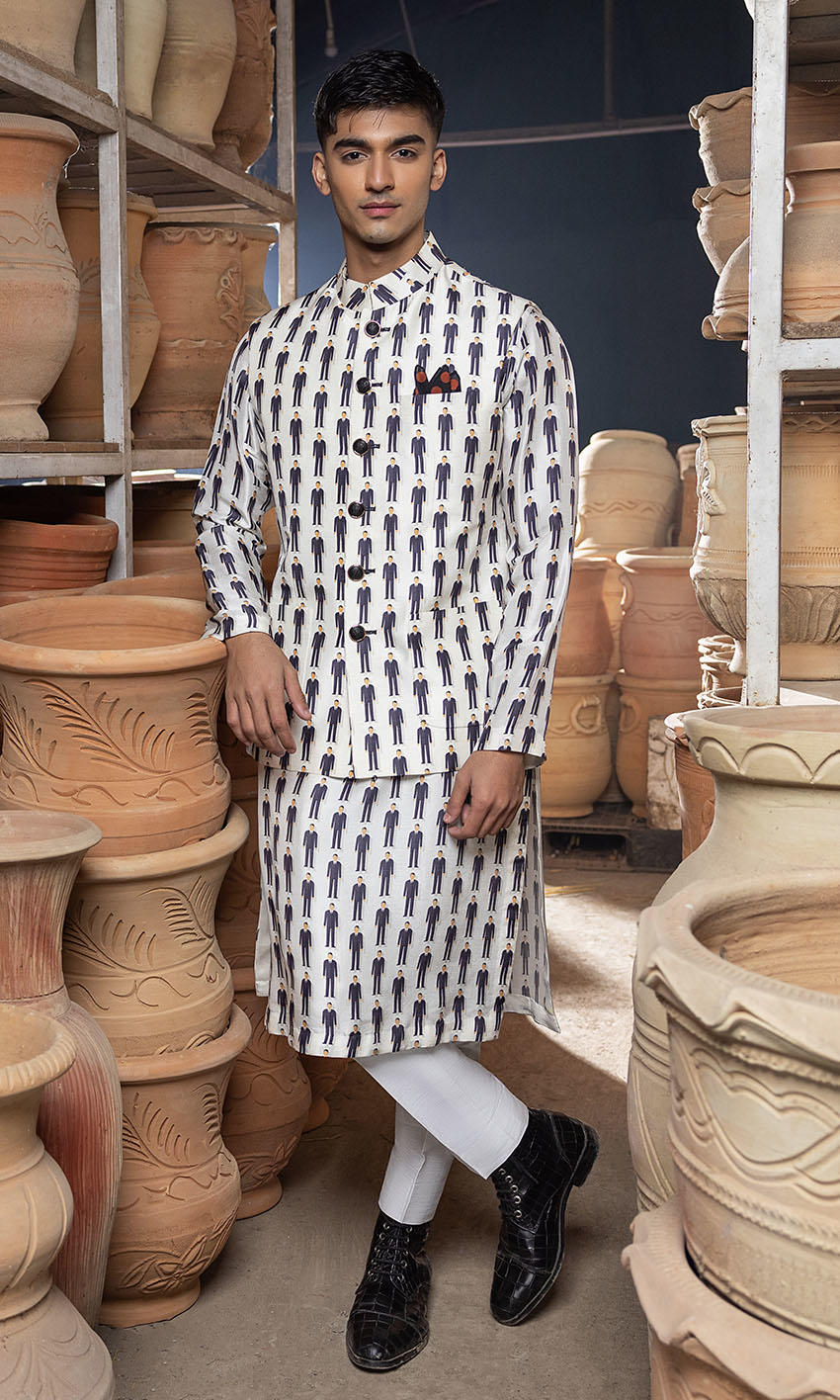 White Printed Raw Silk Waistcoat Kurta (3-Piece) - Image 1