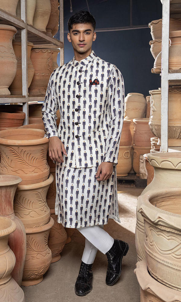White Printed Raw Silk Waistcoat Kurta (3-Piece) - Image 2