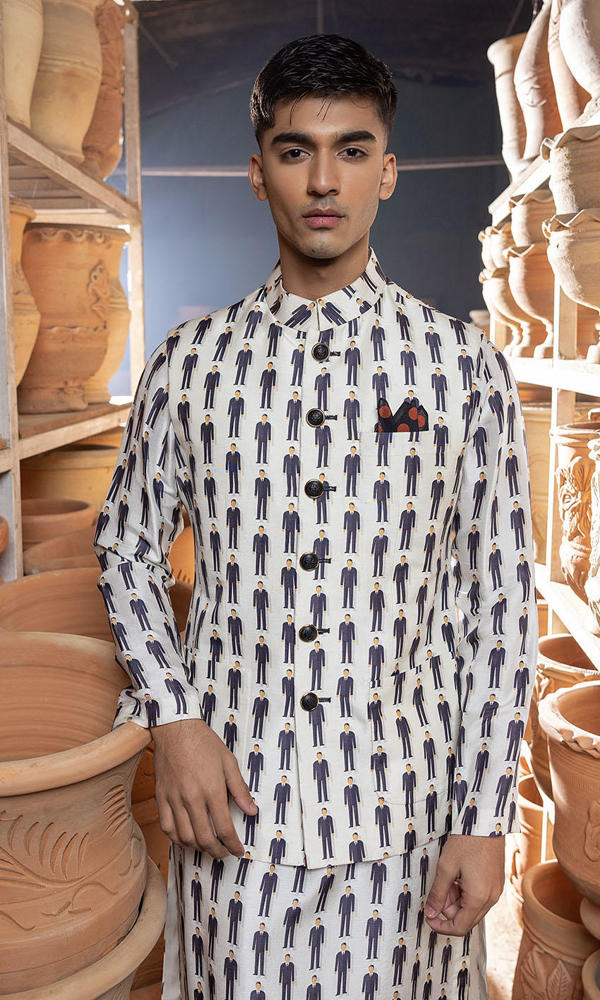 White Printed Raw Silk Waistcoat Kurta (3-Piece) - Image 3