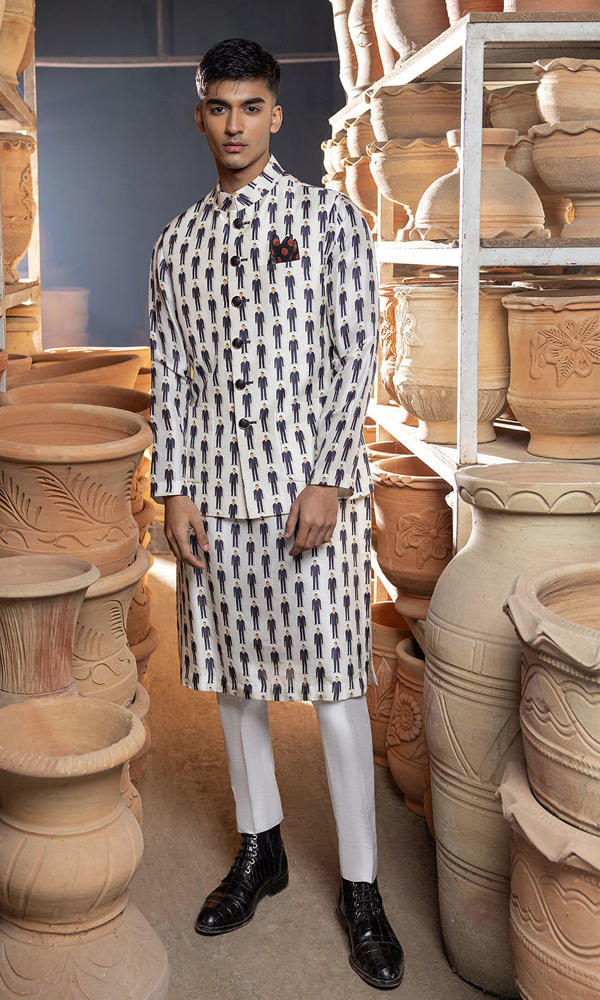 White Printed Raw Silk Waistcoat Kurta (3-Piece) - Image 5