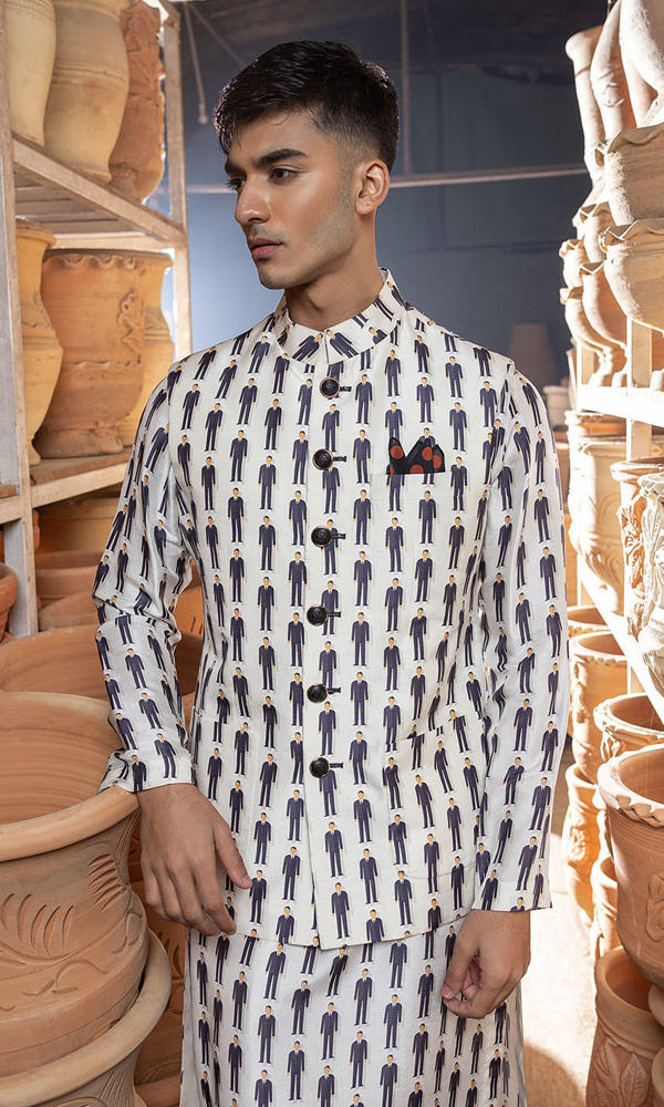 White Printed Raw Silk Waistcoat Kurta (3-Piece) - Image 6