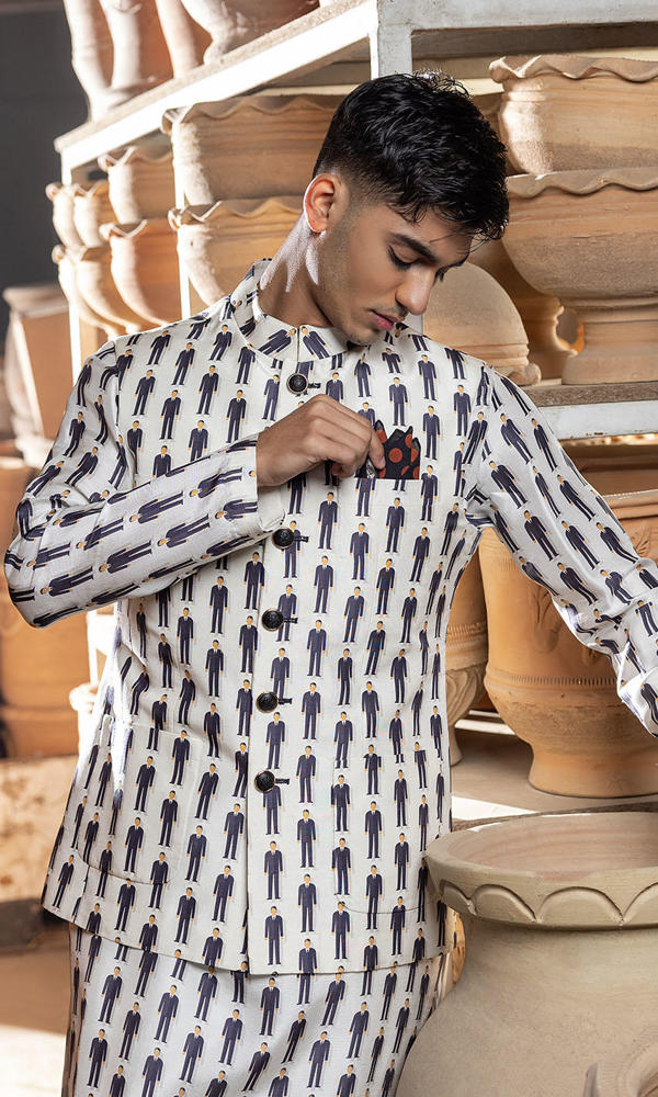 White Printed Raw Silk Waistcoat Kurta (3-Piece) - Image 8