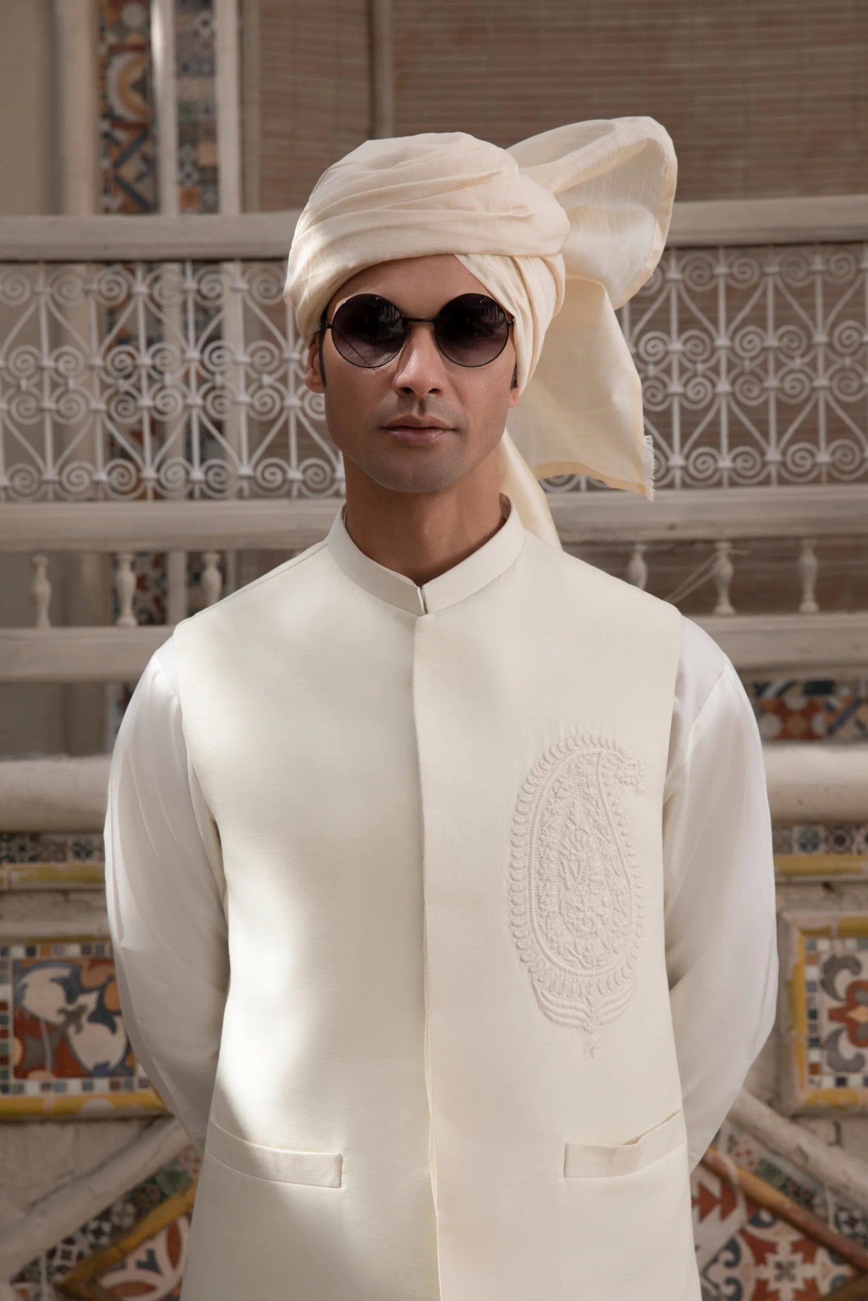 White Embroidered Silk Blend Waistcoat (3-Piece) - Image 1