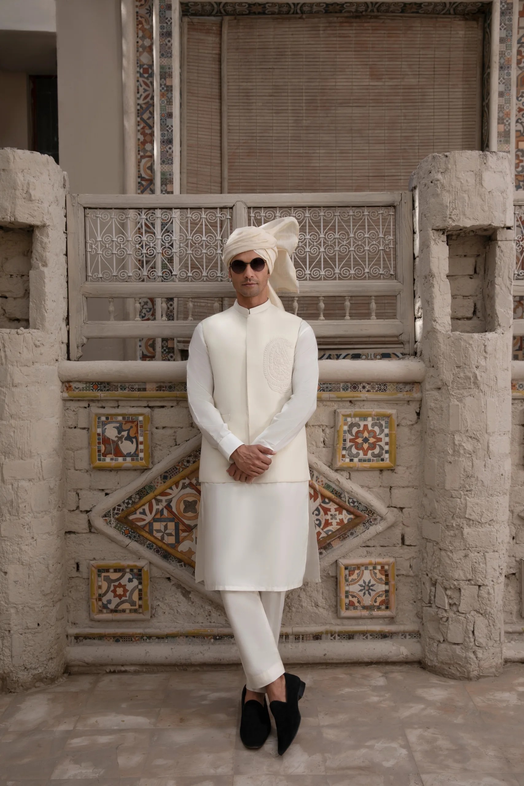 White Embroidered Silk Blend Waistcoat (3-Piece) - Image 2