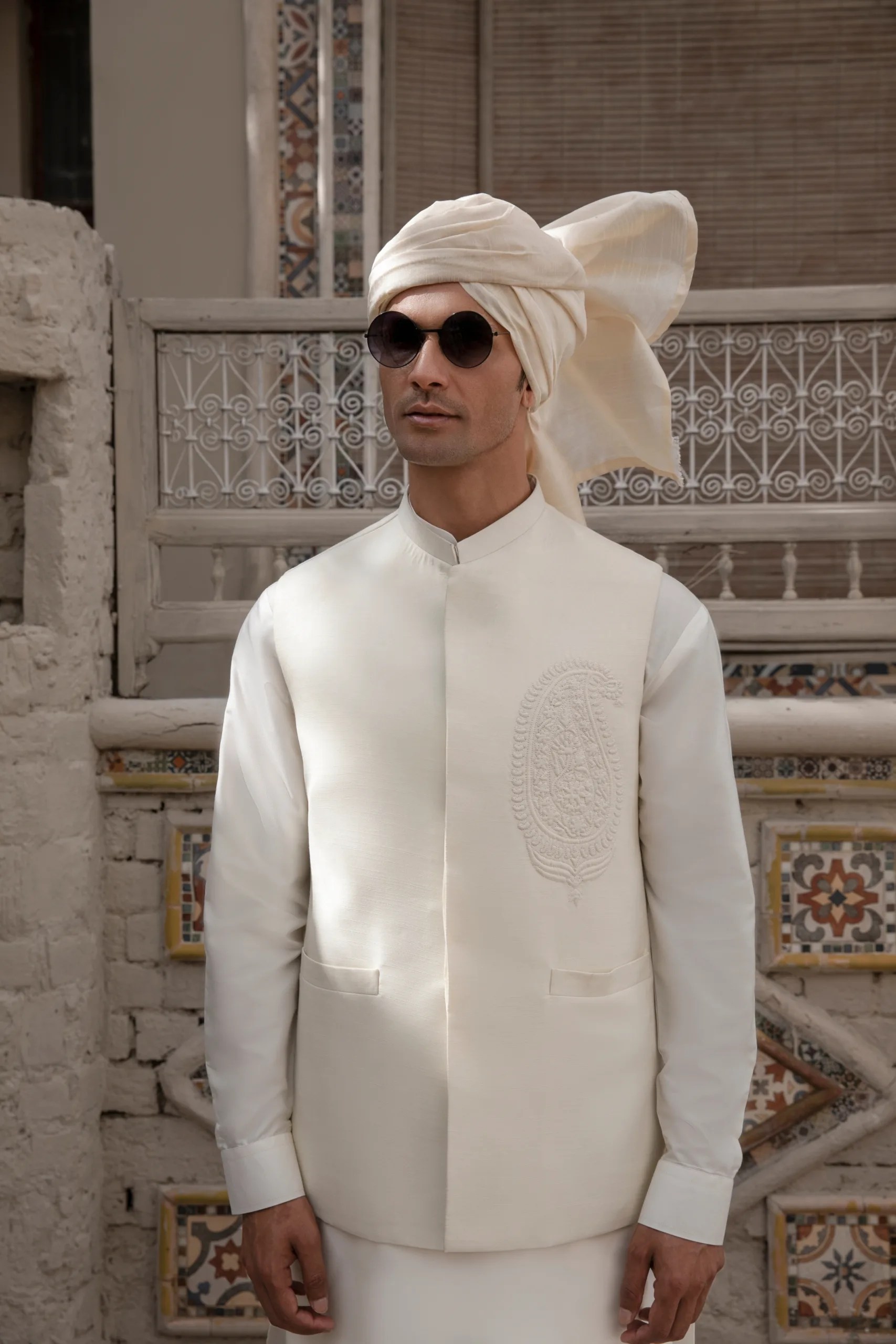 White Embroidered Silk Blend Waistcoat (3-Piece) - Image 5