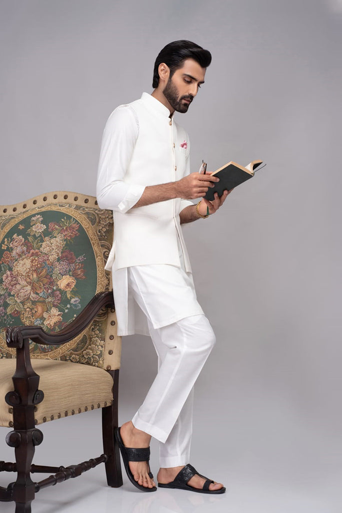 White Silk Waistcoat Kurta Pajama (3-Piece) - Image 1