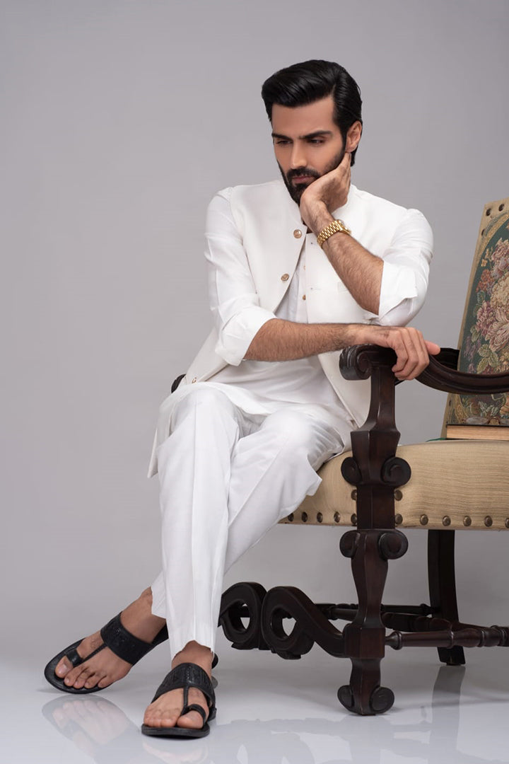 White Silk Waistcoat Kurta Pajama (3-Piece) - Image 4