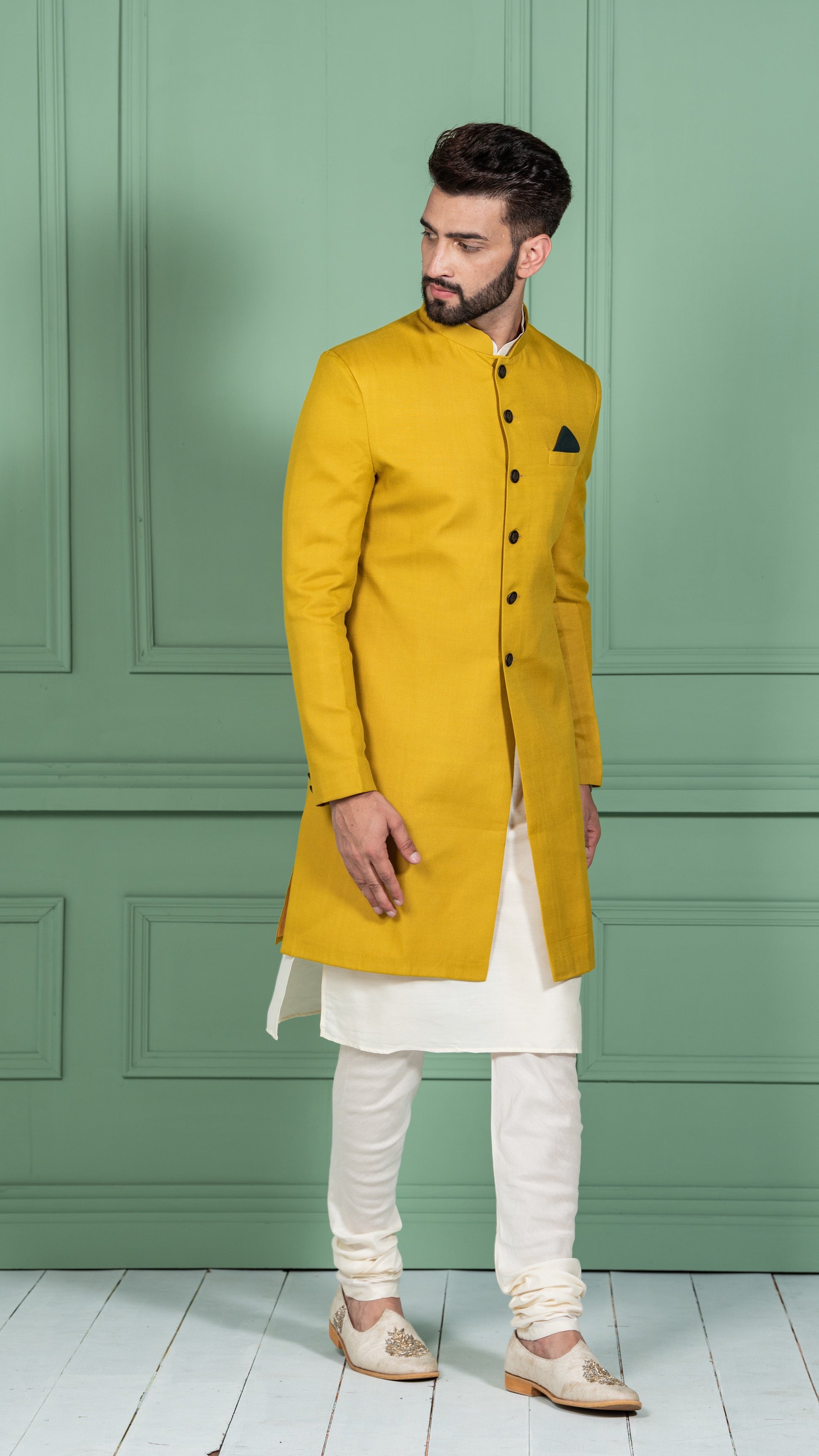 Mustard Yellow Cotton Blend Achkan Kurta Churidar (2-Piece) - Image 1