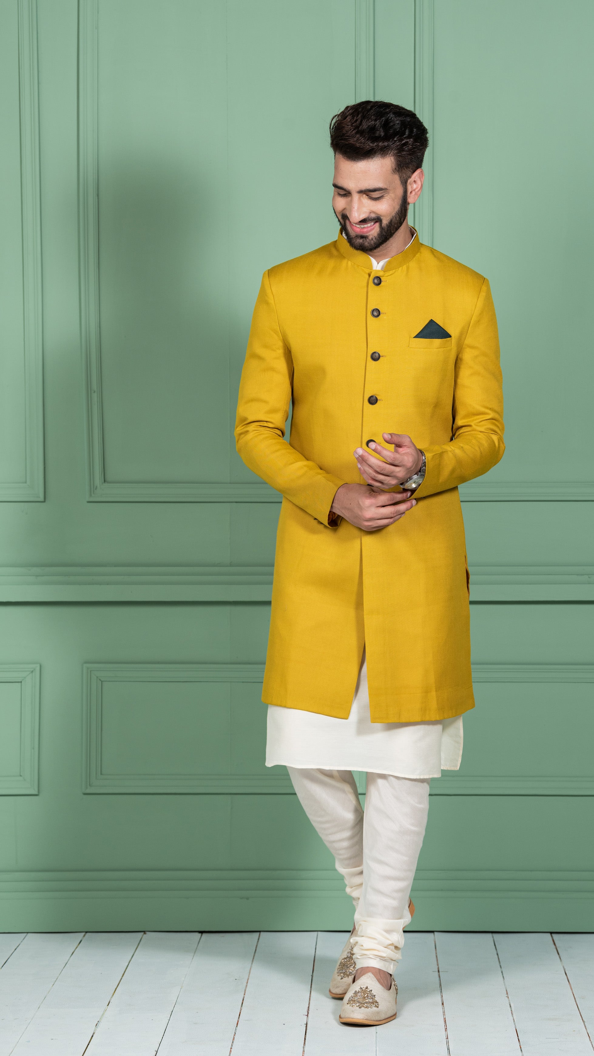 Mustard Yellow Cotton Blend Achkan Kurta Churidar (2-Piece) - Image 2