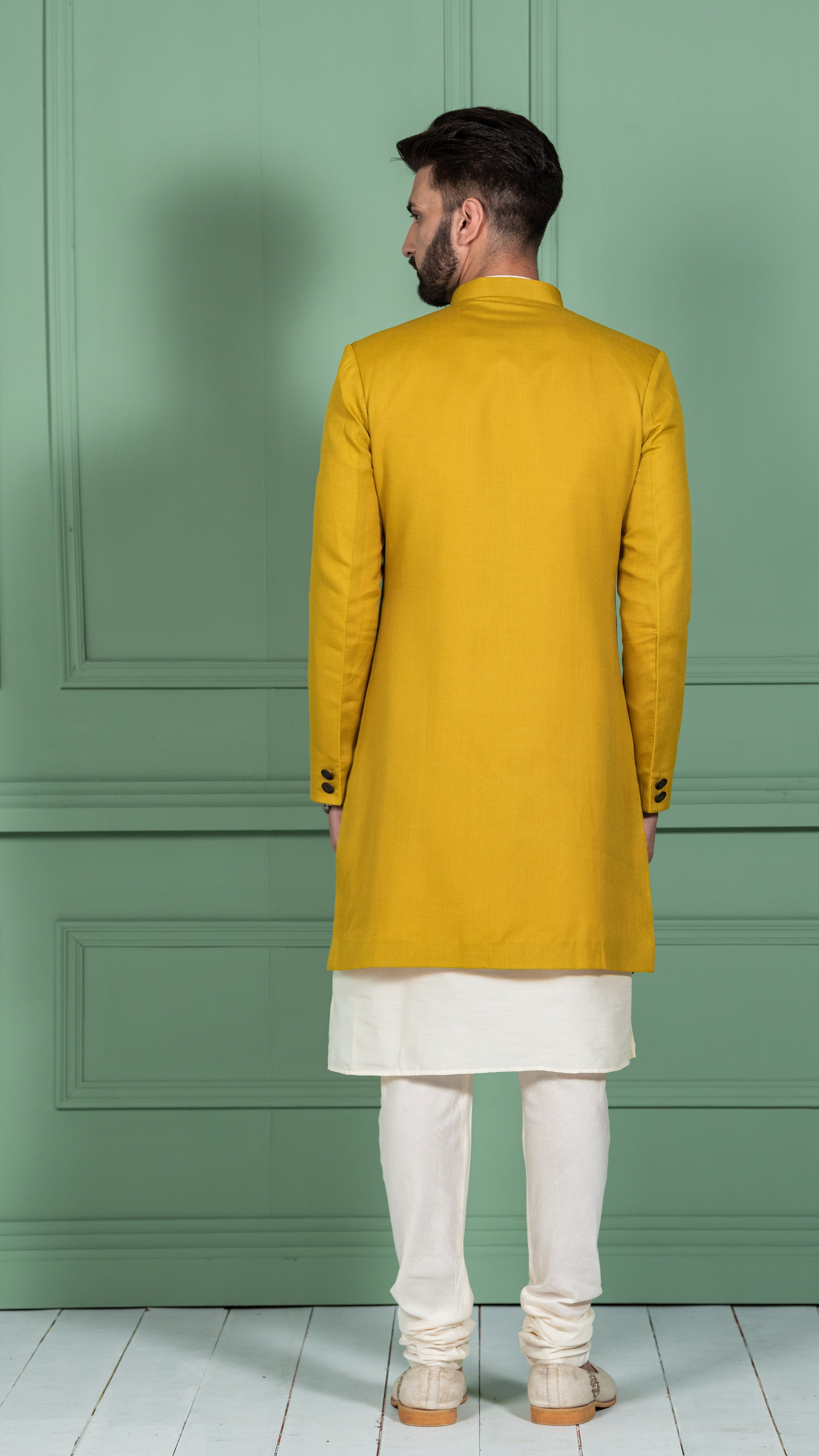 Mustard Yellow Cotton Blend Achkan Kurta Churidar (2-Piece) - Image 3
