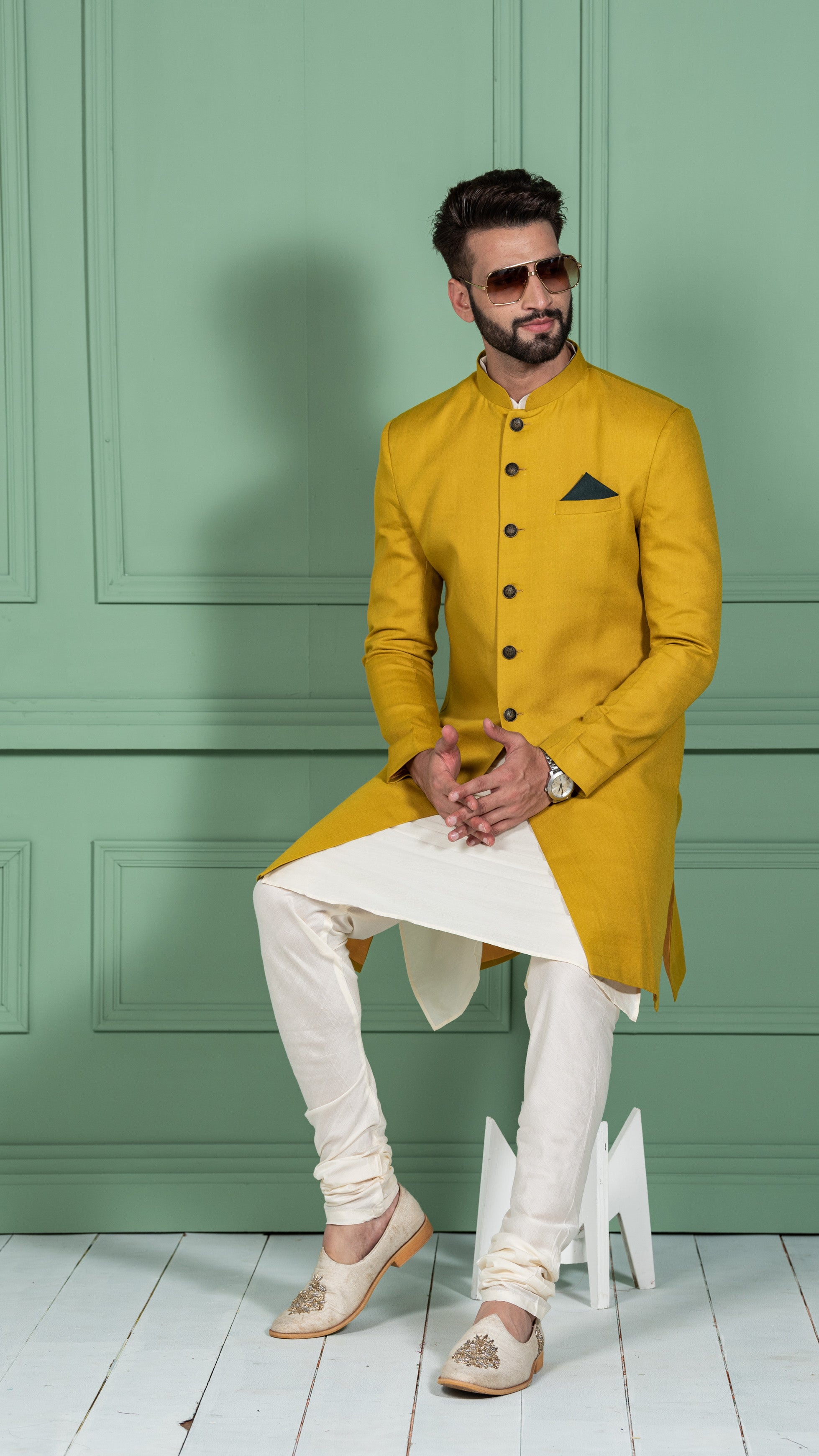 Mustard Yellow Cotton Blend Achkan Kurta Churidar (2-Piece) - Image 4