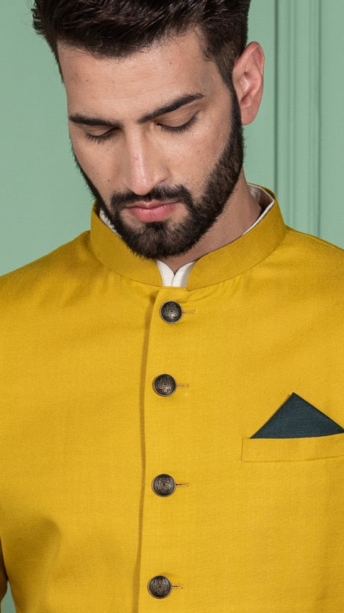 Mustard Yellow Cotton Blend Achkan Kurta Churidar (2-Piece) - Image 5