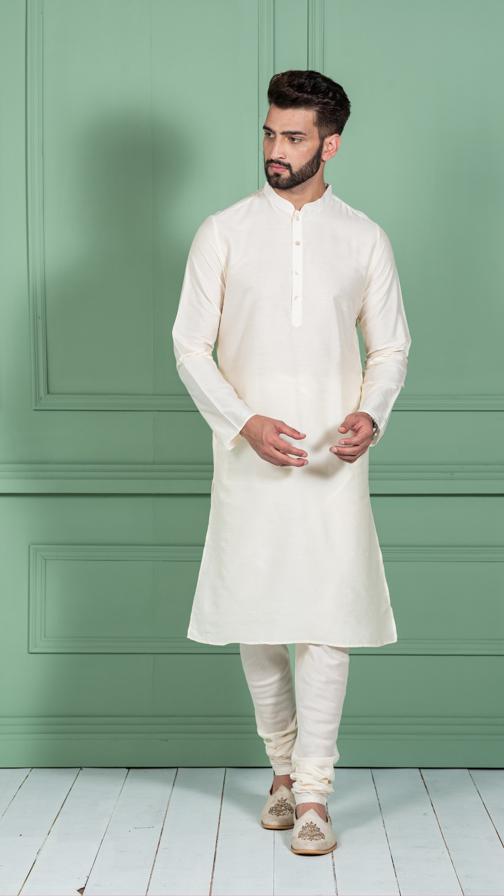 Mustard Yellow Cotton Blend Achkan Kurta Churidar (2-Piece) - Image 6