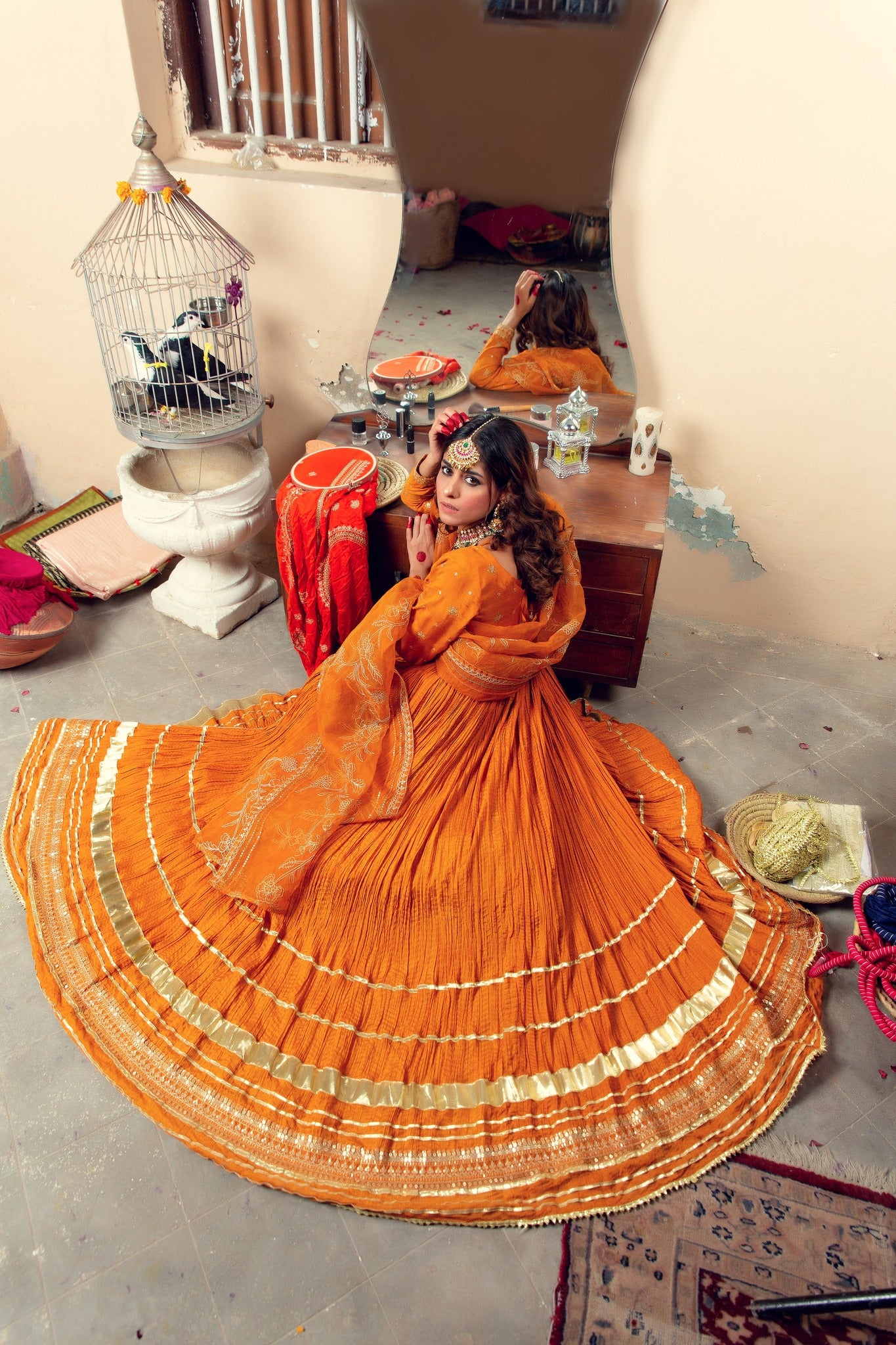 Pakistani Mustard Gota Zari Cotton Silk Anarkali (4-Piece) - Image 1