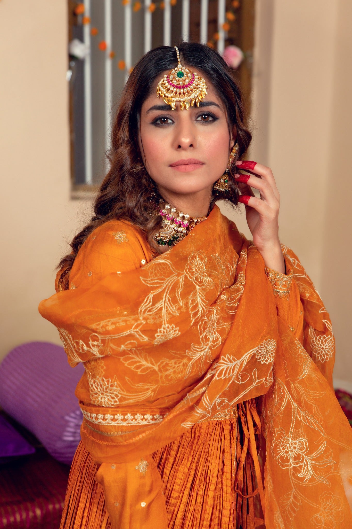 Pakistani Mustard Gota Zari Cotton Silk Anarkali (4-Piece) - Image 3