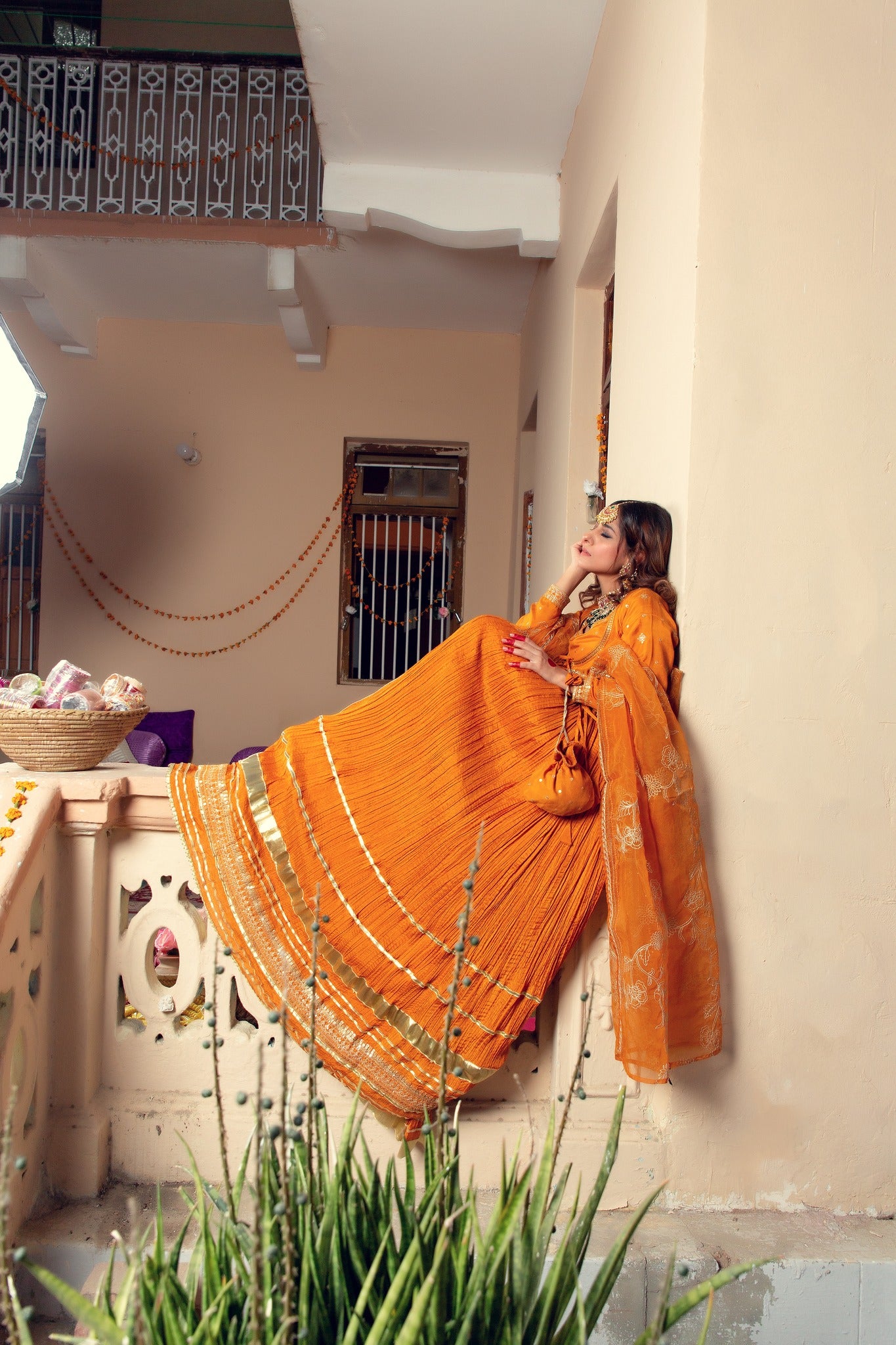 Pakistani Mustard Gota Zari Cotton Silk Anarkali (4-Piece) - Image 5