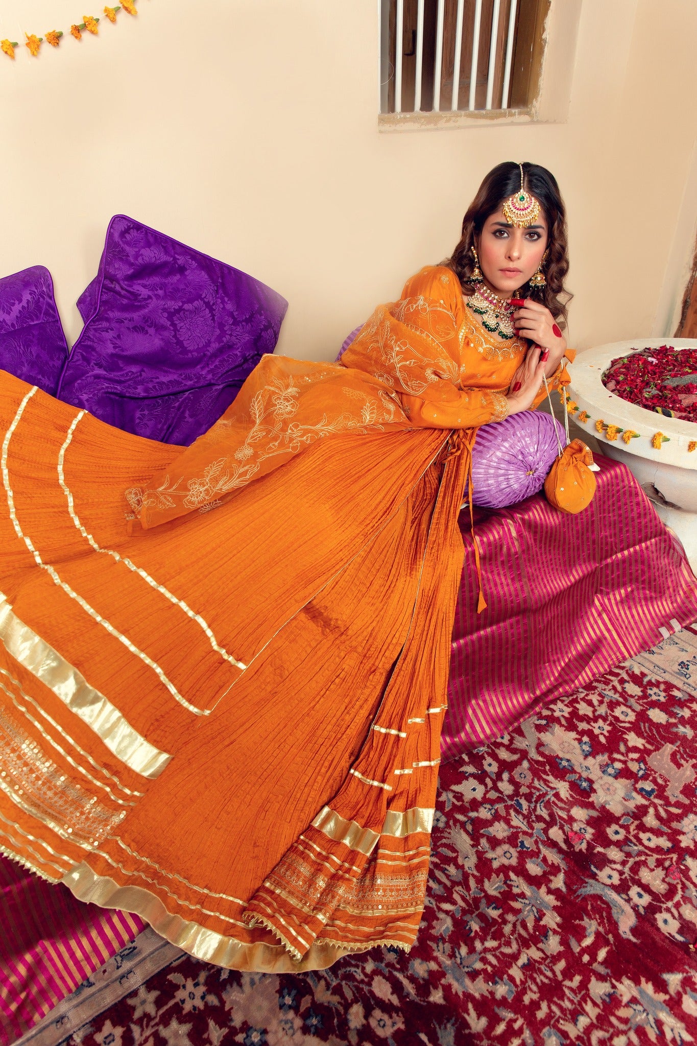 Pakistani Mustard Gota Zari Cotton Silk Anarkali (4-Piece) - Image 8