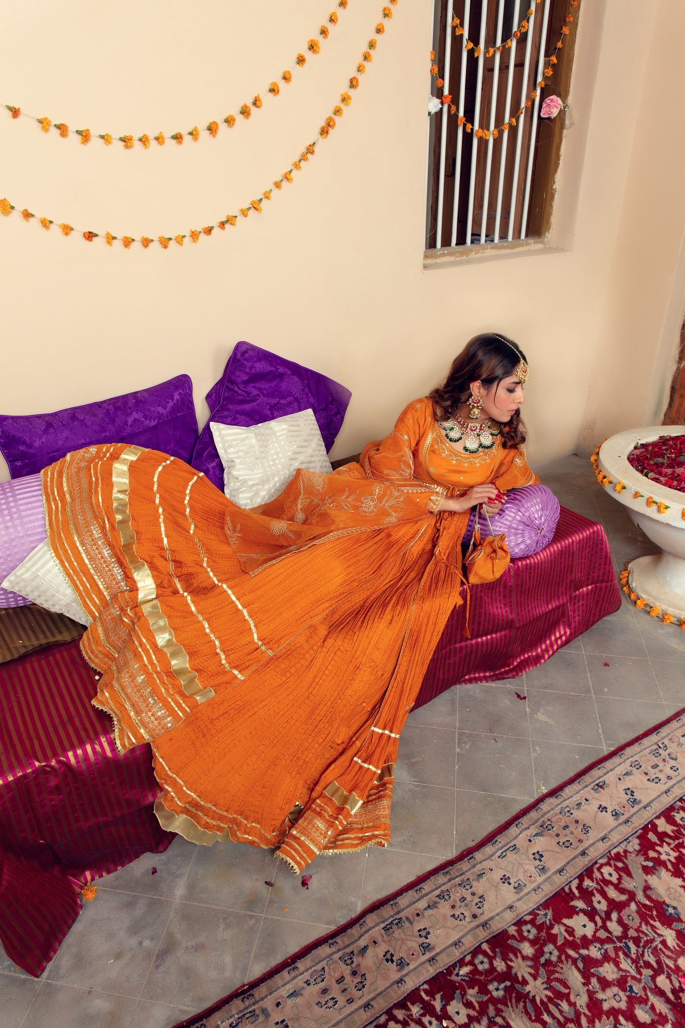 Pakistani Mustard Gota Zari Cotton Silk Anarkali (4-Piece) - Image 9