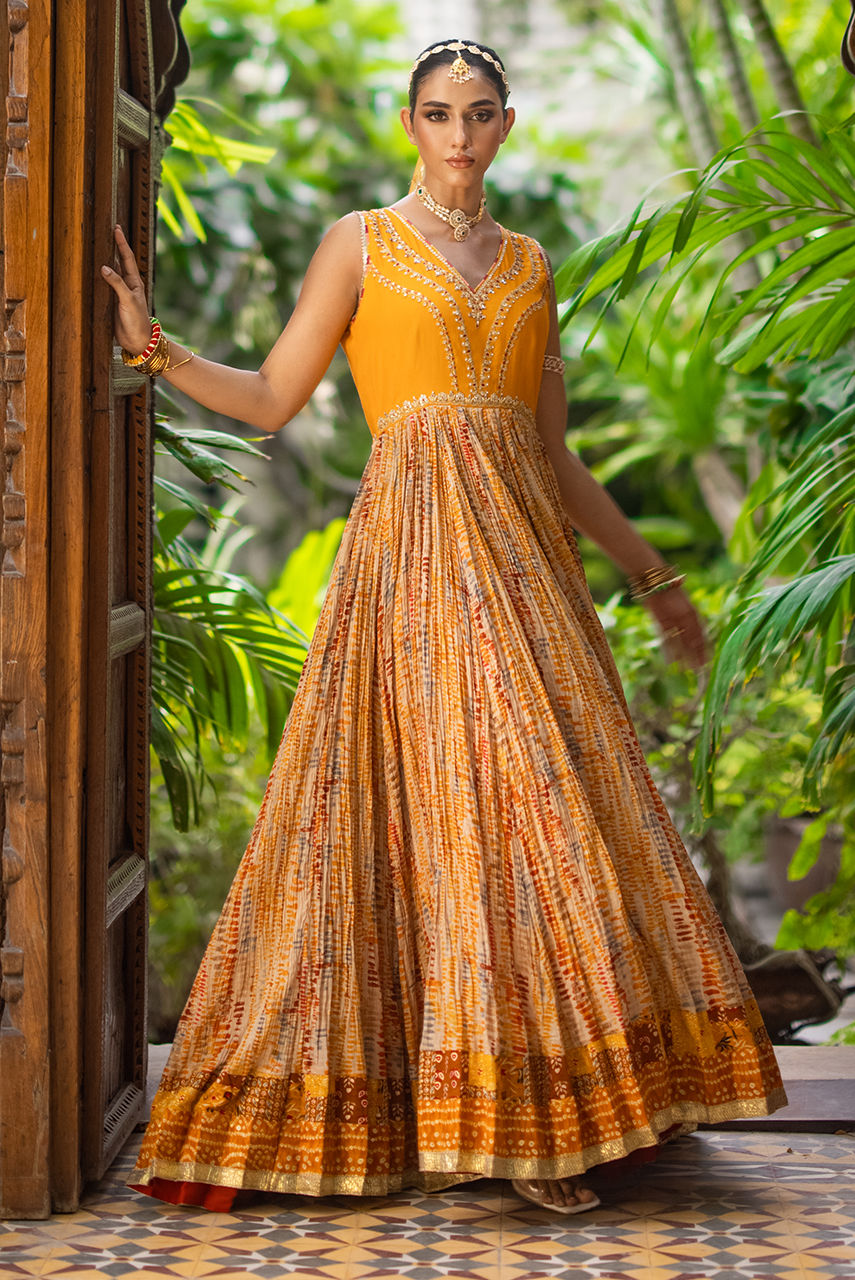 Mustard Resham Zardozi Crushed Cotton Anarkali (2-Piece) - Image 1