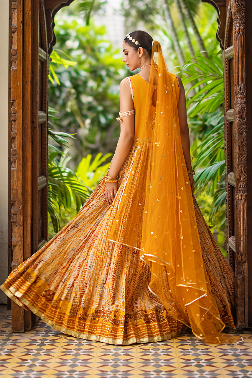 Mustard Resham Zardozi Crushed Cotton Anarkali (2-Piece) - Image 3