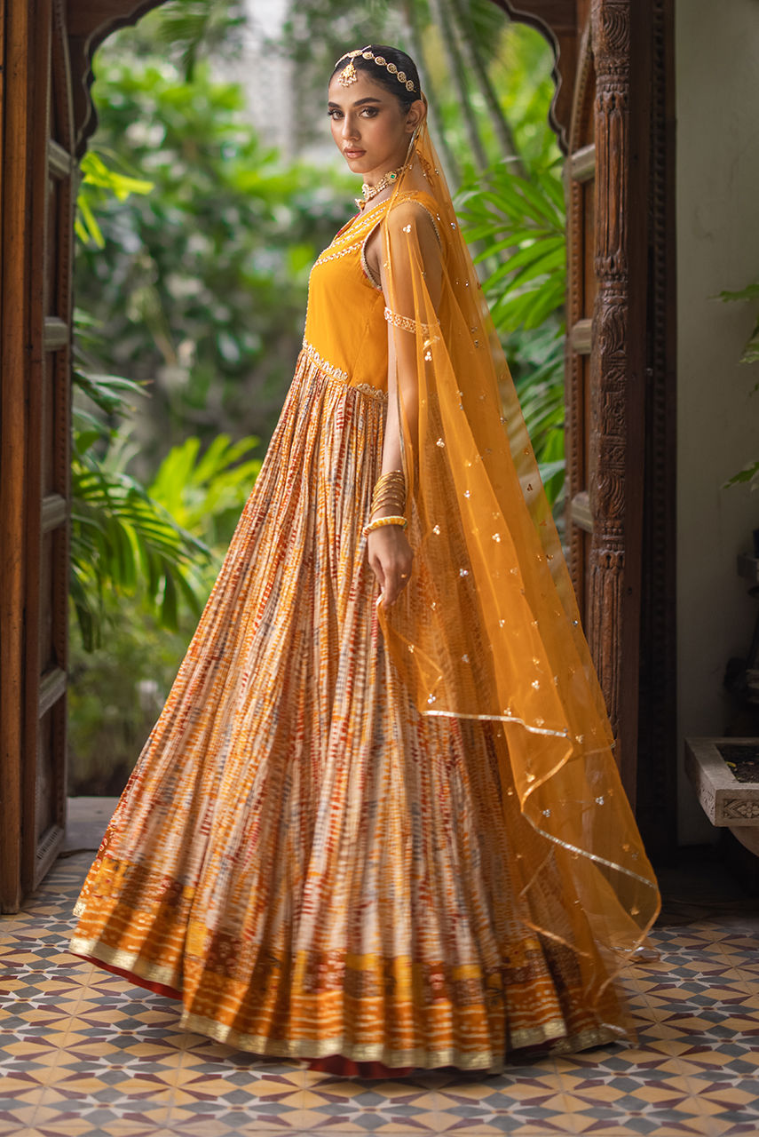 Mustard Resham Zardozi Crushed Cotton Anarkali (2-Piece) - Image 4