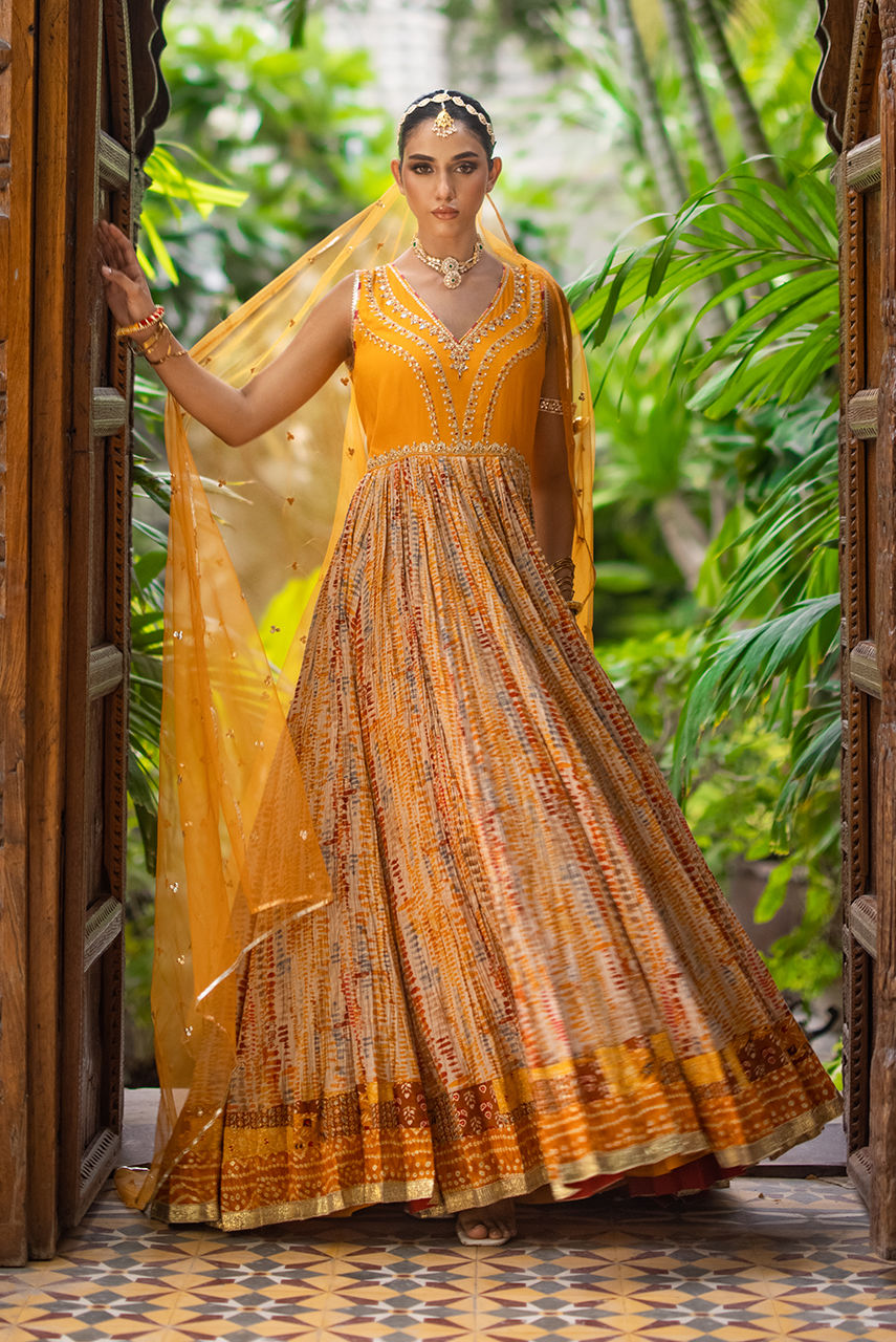 Mustard Resham Zardozi Crushed Cotton Anarkali (2-Piece) - Image 5