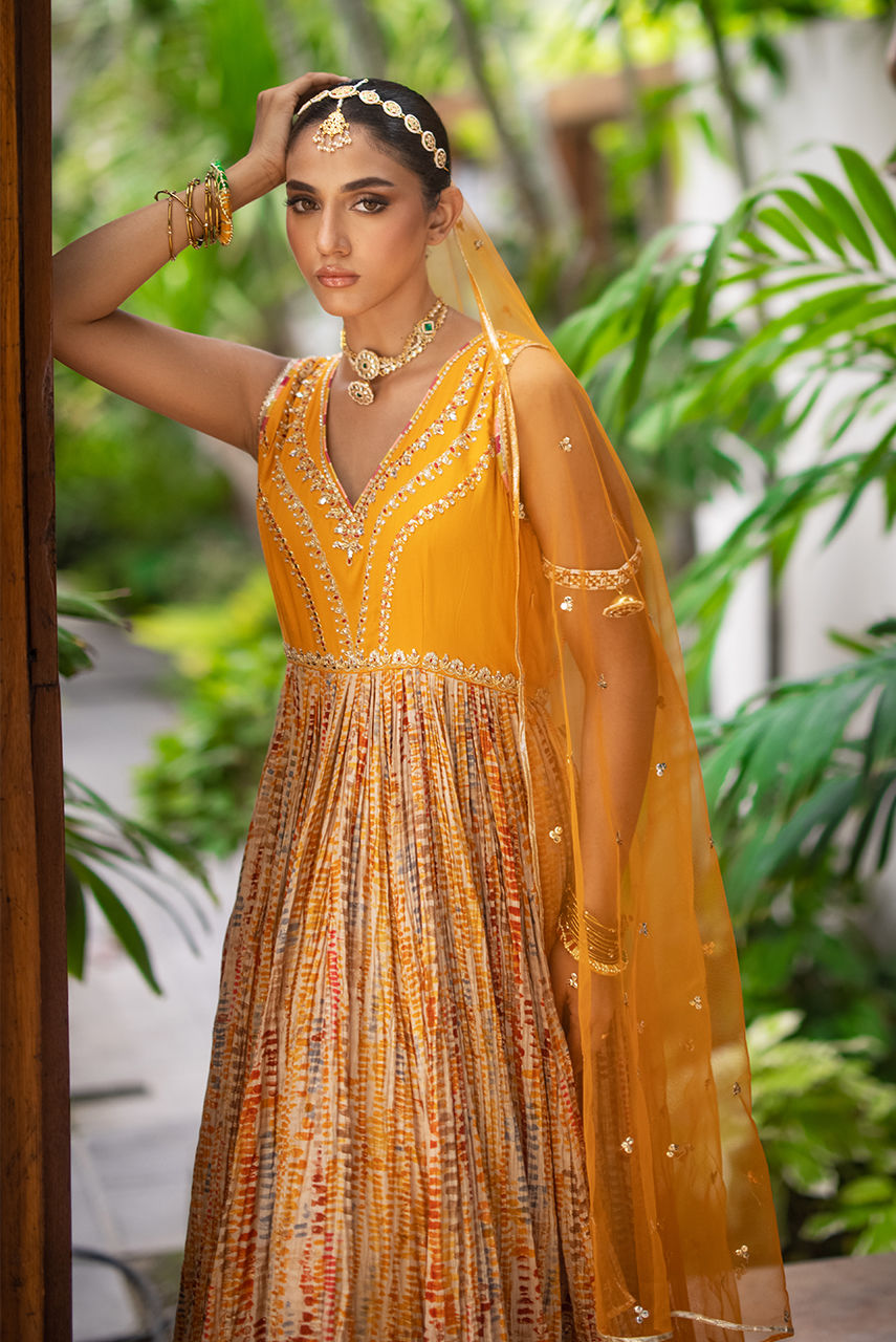 Mustard Resham Zardozi Crushed Cotton Anarkali (2-Piece) - Image 6