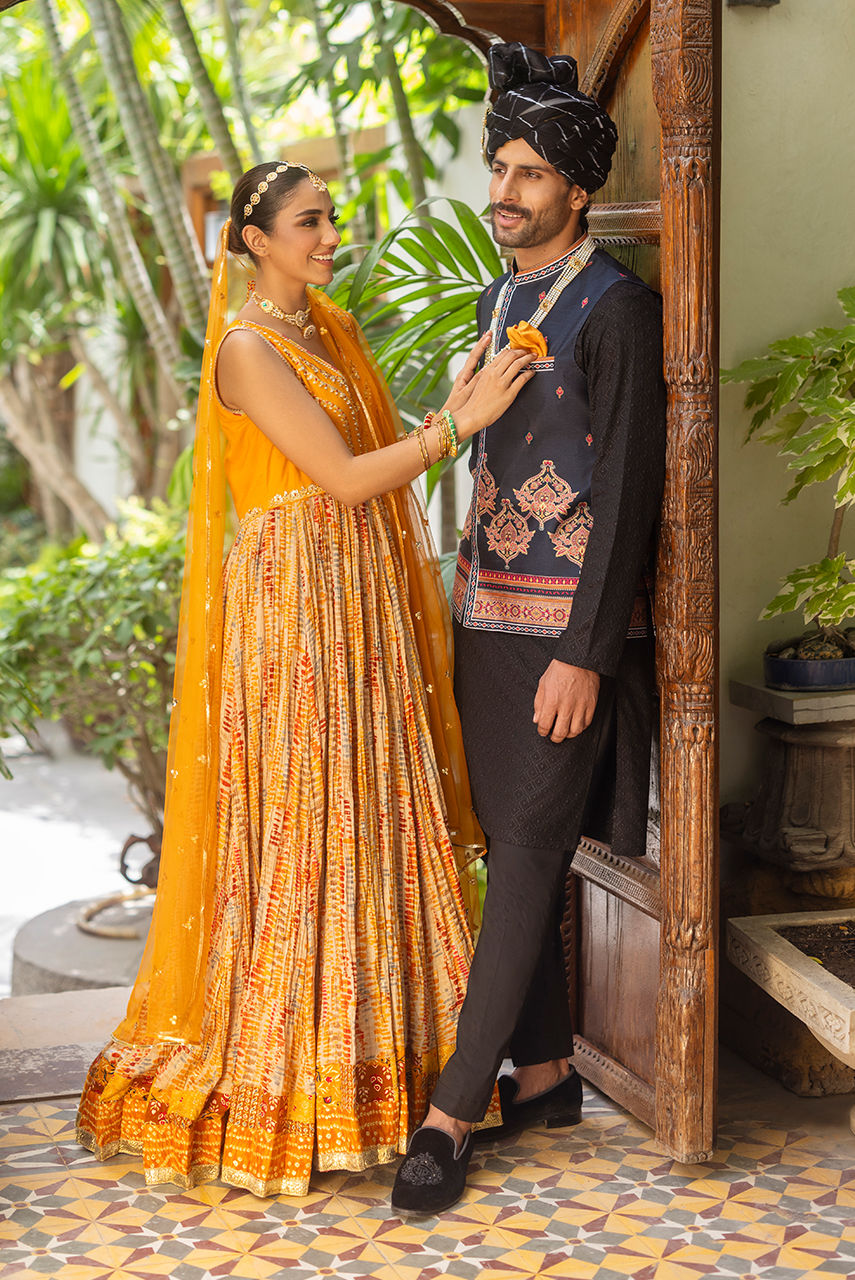 Mustard Resham Zardozi Crushed Cotton Anarkali (2-Piece) - Image 8