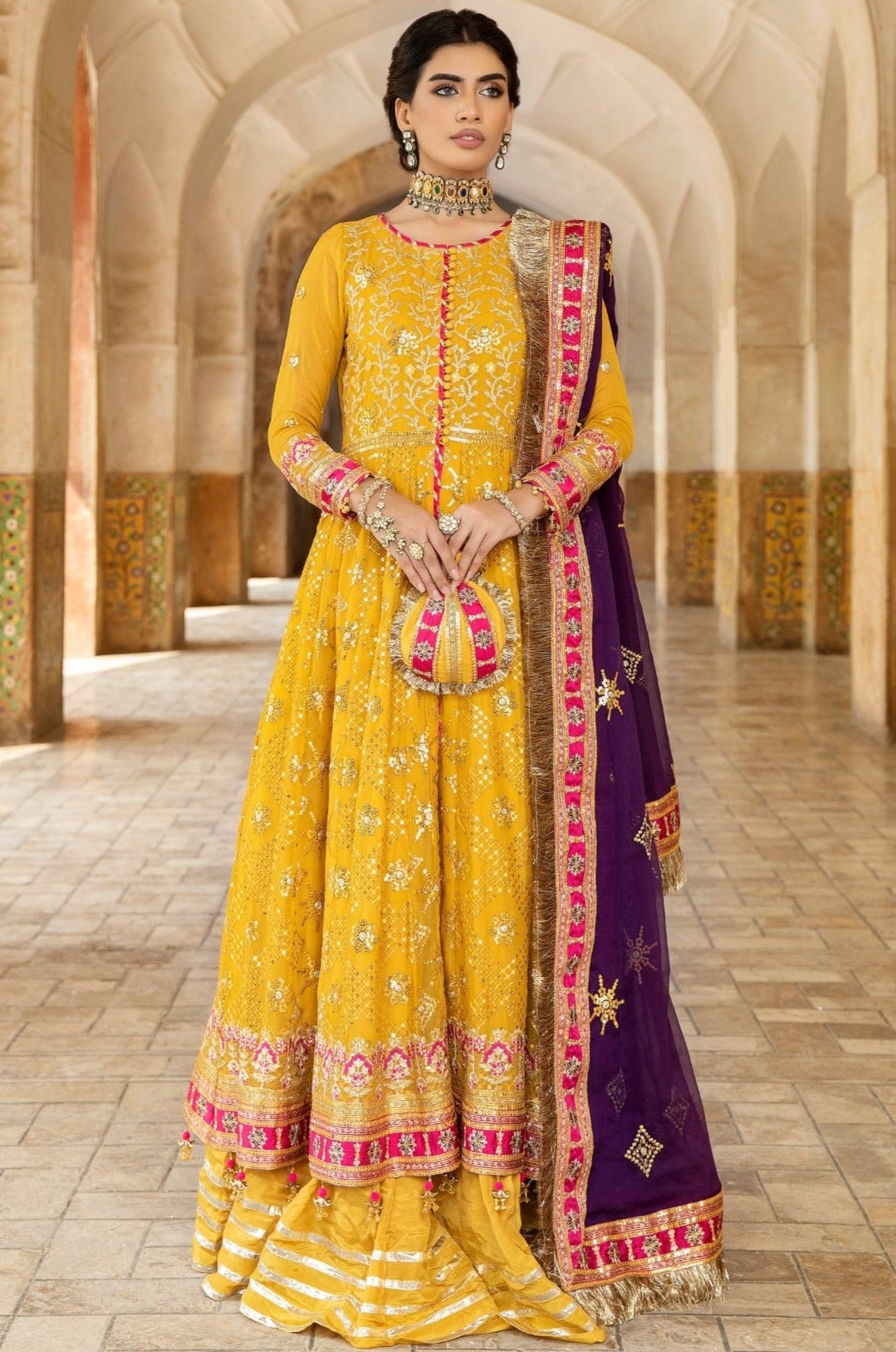 Pakistani Mustard Embroidered Chiffon & Organza Anarkali (2-Piece) - Image 3