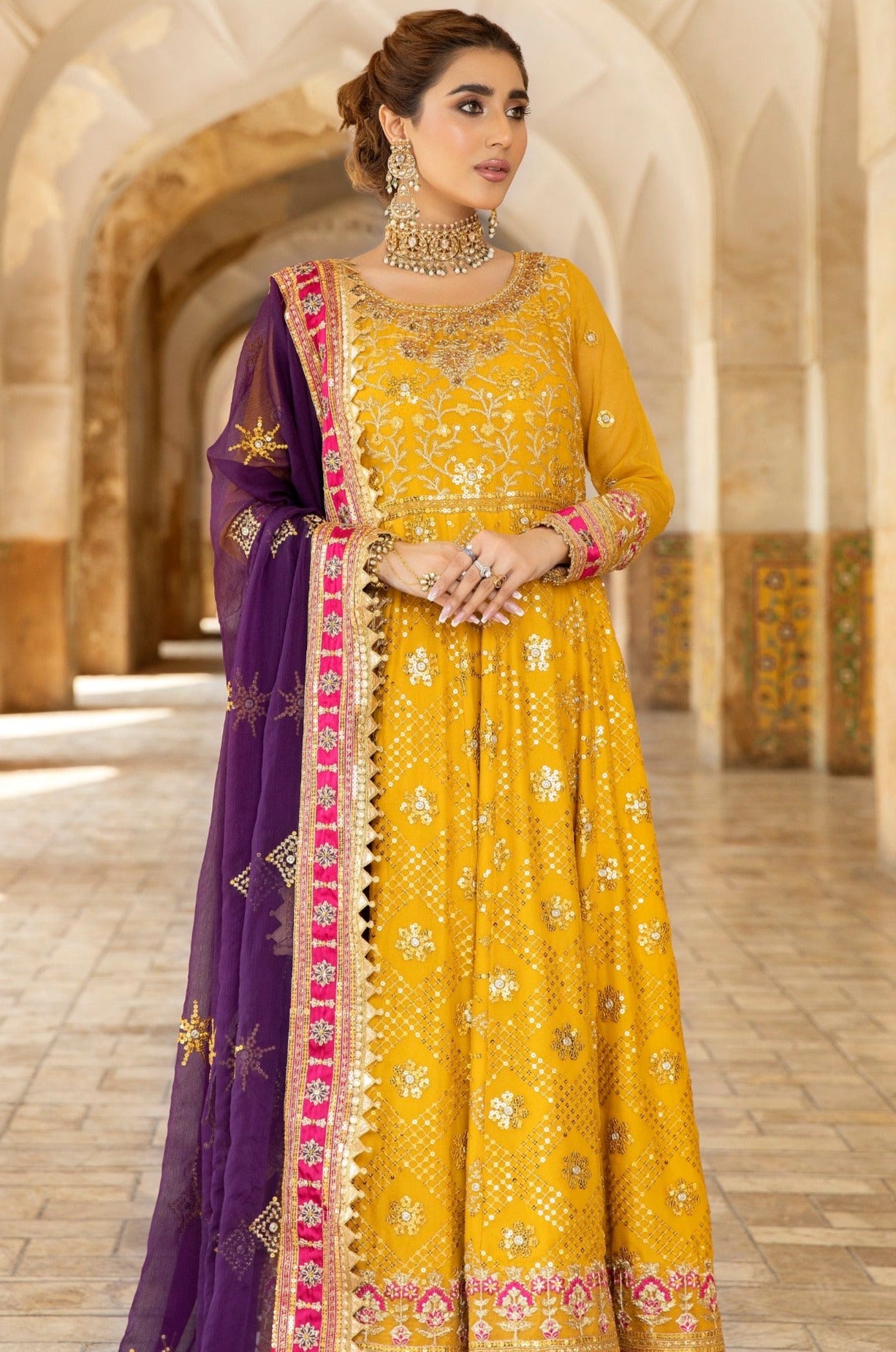 Pakistani Mustard Embroidered Chiffon & Organza Anarkali (2-Piece) - Image 4