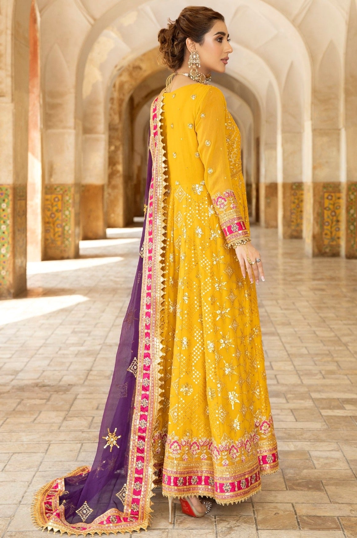 Pakistani Mustard Embroidered Chiffon & Organza Anarkali (2-Piece) - Image 7