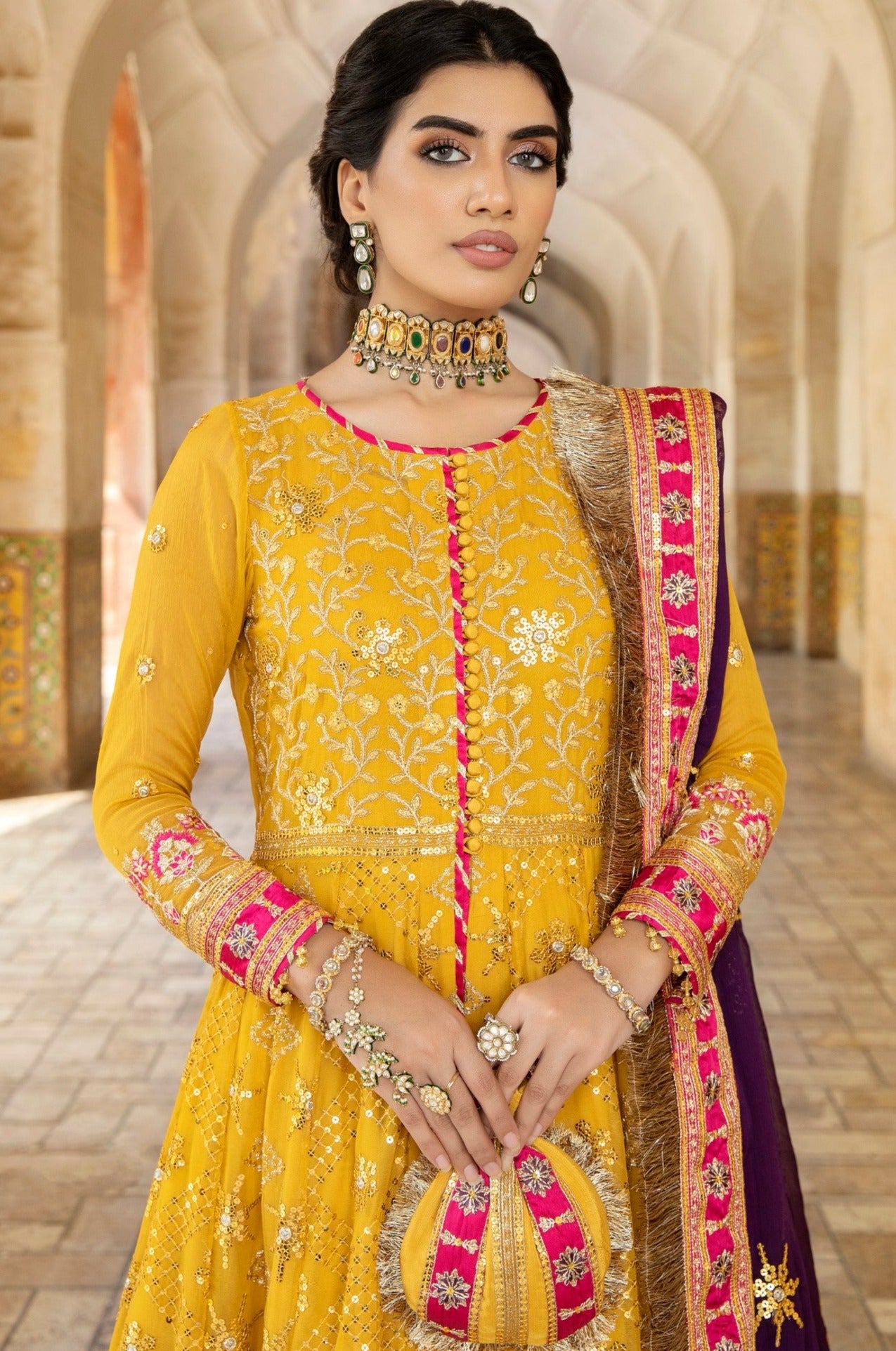 Pakistani Mustard Embroidered Chiffon & Organza Anarkali (2-Piece) - Image 8