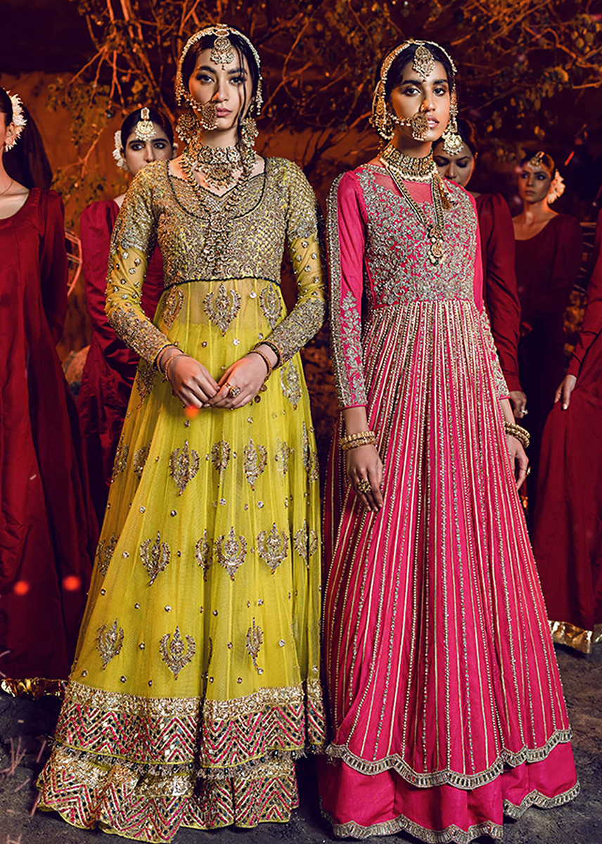 Indian Mustard Yellow Embroidered Net Anarkali Gown (1-Pc) - Image 1