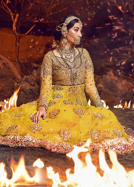 Indian Mustard Yellow Embroidered Net Anarkali Gown (1-Pc) - Image 2
