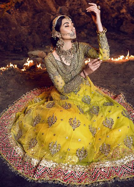Indian Mustard Yellow Embroidered Net Anarkali Gown (1-Pc) - Image 3
