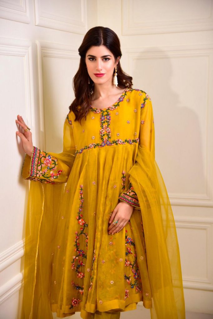 Marigold Yellow Embroidered Organza Anarkali Dress (3-Piece) - Image 1