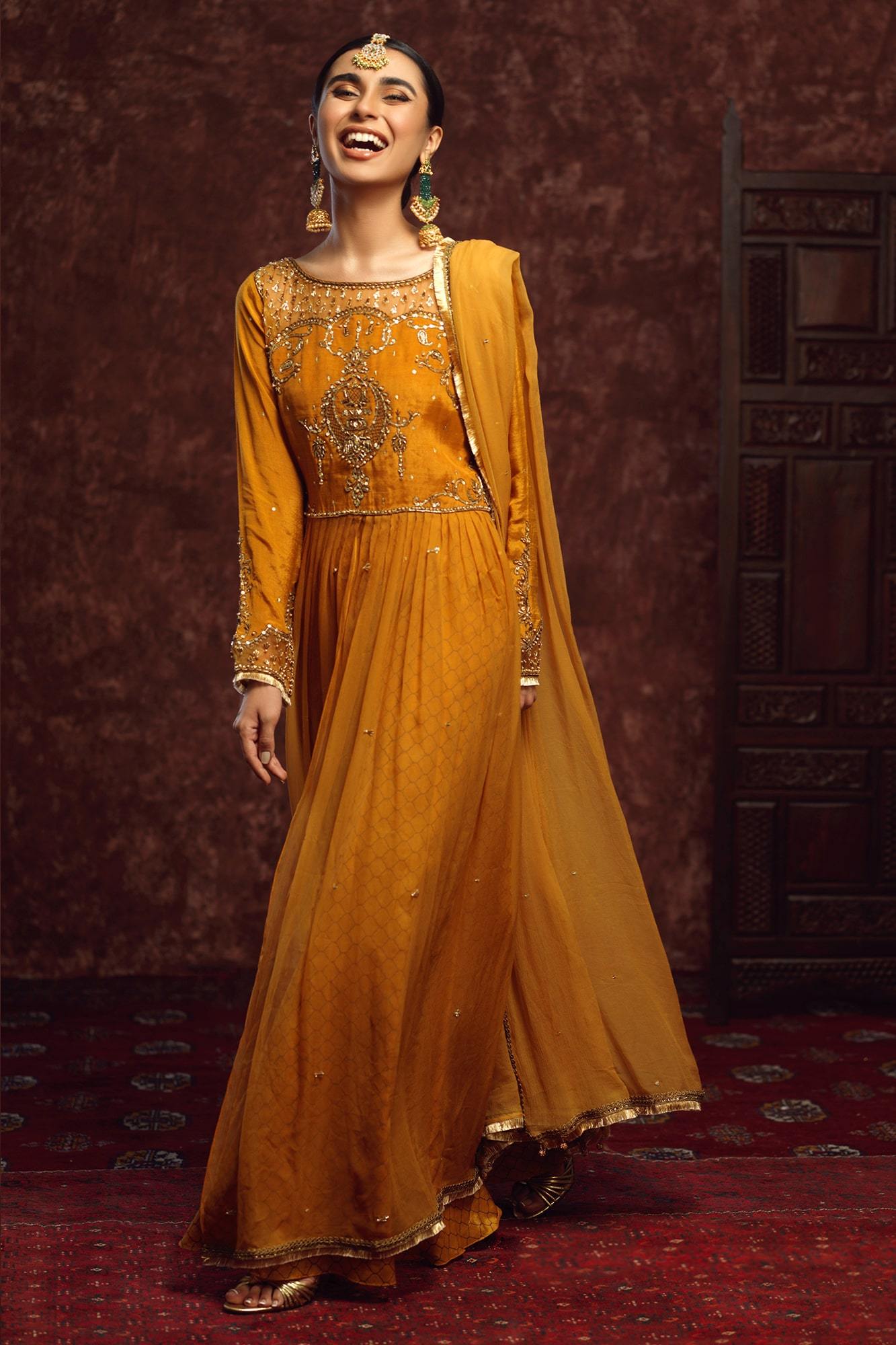 Mustard Embroidered Raw Silk & Chiffon Anarkali (3-Piece) - Image 2