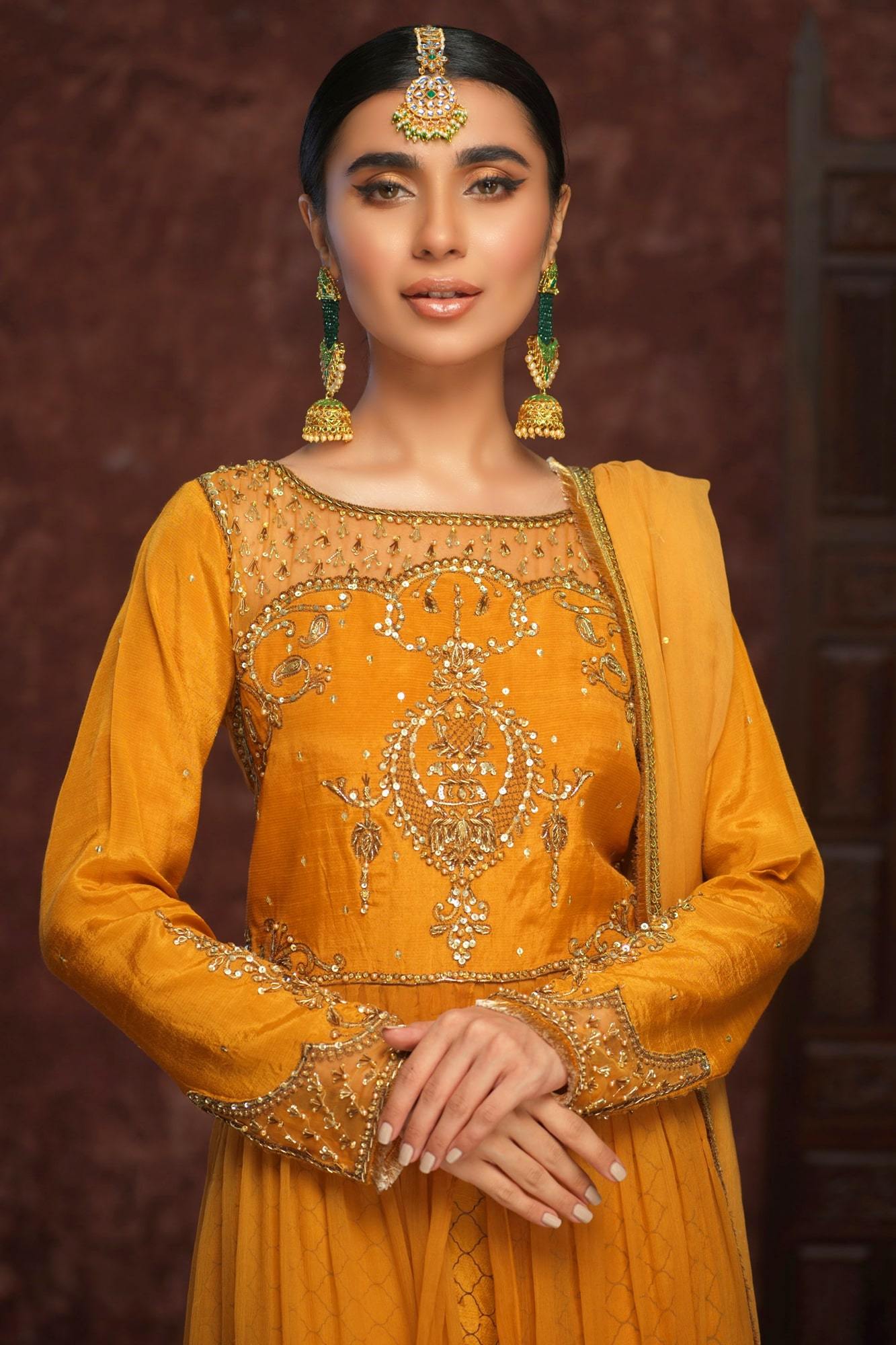 Mustard Embroidered Raw Silk & Chiffon Anarkali (3-Piece) - Image 4