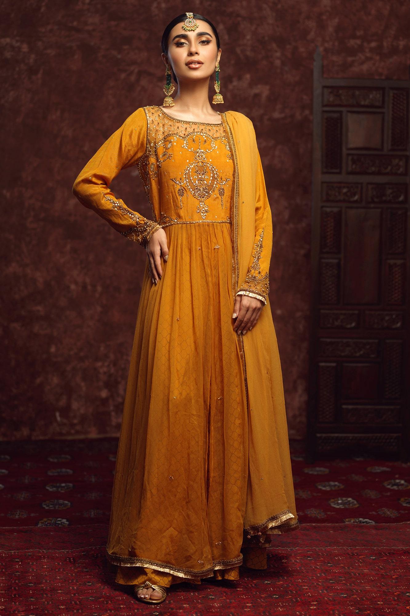 Pakistani Mustard Embroidered Raw Silk & Chiffon Anarkali (3-Piece) - Image 1