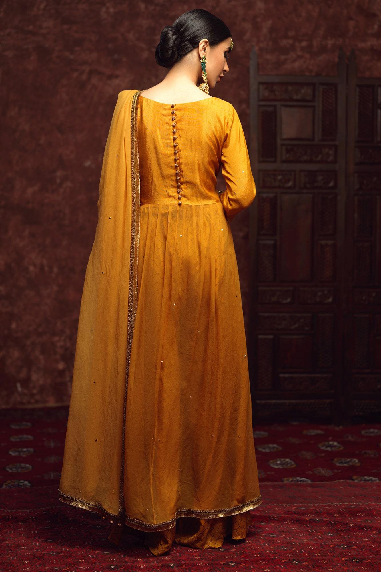 Pakistani Mustard Embroidered Raw Silk & Chiffon Anarkali (3-Piece) - Image 3