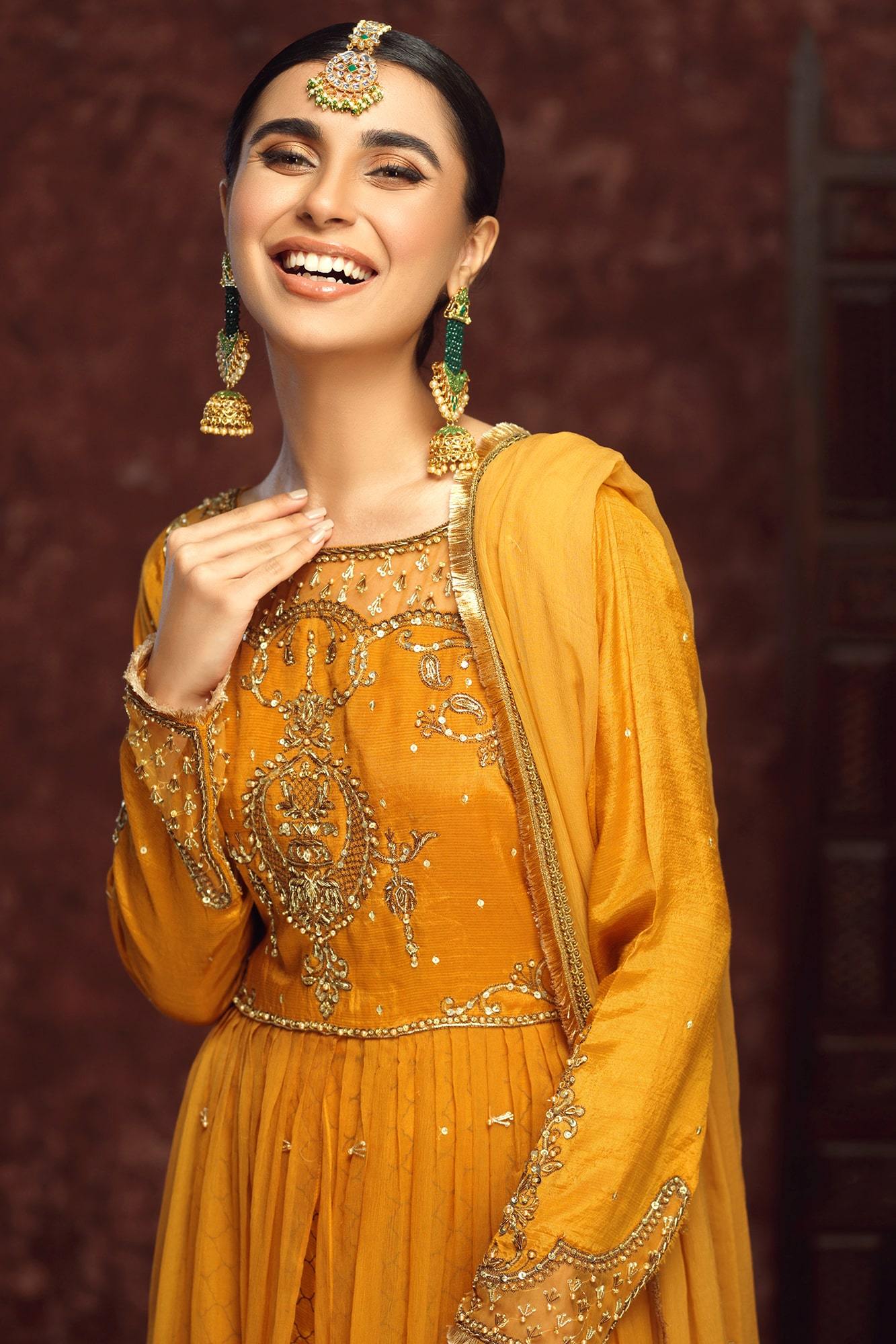 Pakistani Mustard Embroidered Raw Silk & Chiffon Anarkali (3-Piece) - Image 5